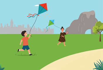 Children Flying Kites in a City Park – Summer Outdoor Recreation Illustration © Usama Zahoor