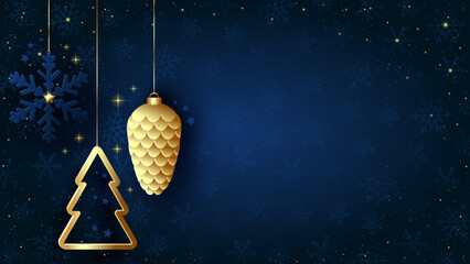 Christmas decorations on navy background with snowflakes and gold sequins. Hanging gold fir cone, fir and snowflake