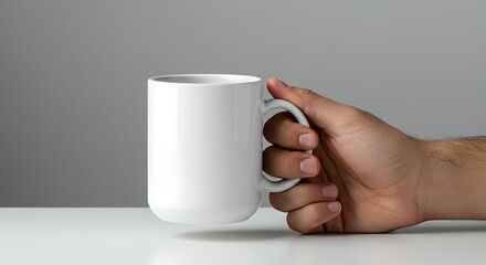 Hand Holding Plain Ceramic Coffee Mug on Light Grey Background, Clean Mockup