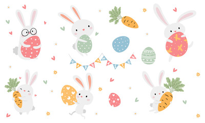 Cute rabbits carrying Easter eggs, Happy Easter inscription on flags, flowers, and eggs. A set of flat vector illustrations. . Vector illustration