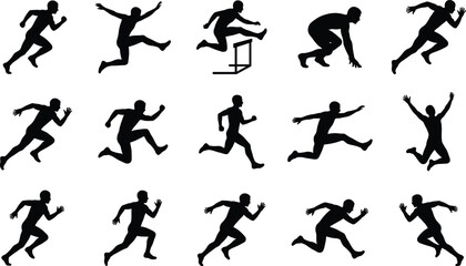 Athlete running and jumping silhouette action collection, black and white vector set showing sprinting, hurdling, and dynamic movement for sports, fitness design projects