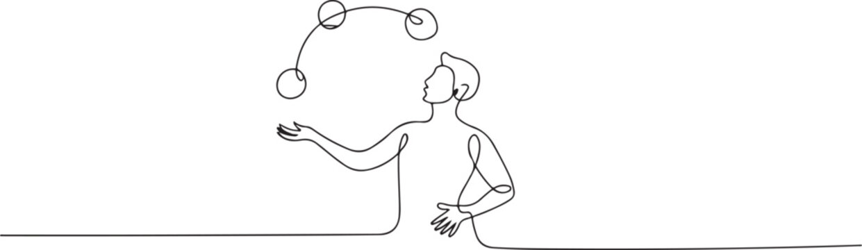 Continuous one line drawing circus artist. Circus. The juggler juggles. Circus performance. One continuous line isolated minimal illustration. one line Icon drawing