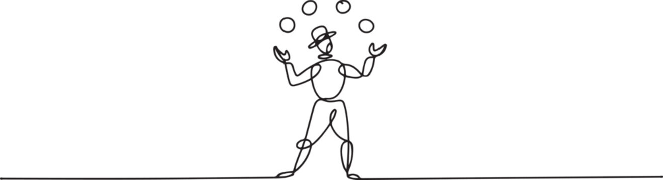 Continuous one line drawing circus artist. Circus. The juggler juggles. Circus performance. One continuous line isolated minimal illustration. one line Icon drawing