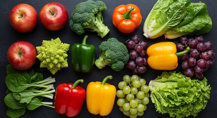 Flat Lay of Fresh Organic Produce on Dark Textured Surface, Sharp Focus