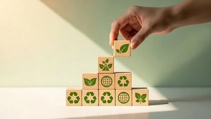 A person building a pyramid with eco friendly blocks on a white surface for sustainability