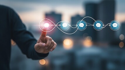 A person interacting with a futuristic digital interface in a cityscape background with glowing icons and connections