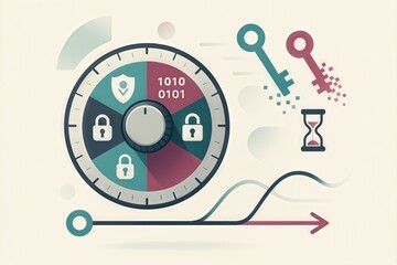 Fototapeta premium Digital security concept illustrating a combination lock accompanied by security keys, binary code, and an hourglass representing the evolving landscape of cybersecurity resilience