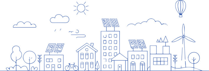 sustainability green city rooftop garden solar wind energy illustration