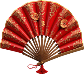 Decorative red folding hand fan with intricate gold floral designs and wooden handle