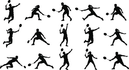Badminton player silhouette action set with men and women poses, black and white vector collection for sport, fitness, competition design use
