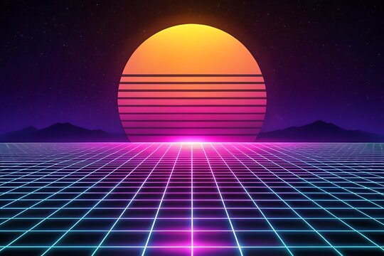 Vibrant neon sunset over futuristic grid landscape with mountains - Powered by Adobe