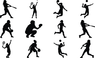 Female athlete silhouette collection in action poses, black and white vector set showing baseball, tennis, basketball, volleyball sports activities