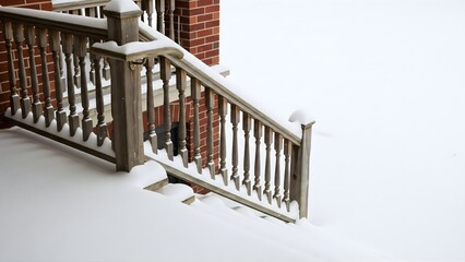 Snow Covered Wooden Handrail of Staircase in Snowy Winter Landscape Covered wooden handrail of brick building with snow. Winter season stairs