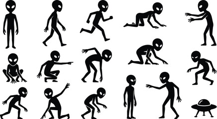 Alien silhouette character poses collection showing movement and actions, black and white vector set for sci fi, fantasy, illustration design projects