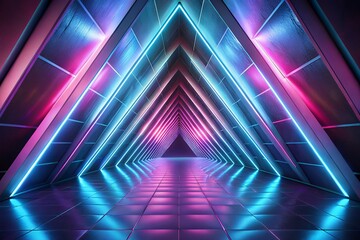 Vibrant neon lit futuristic tunnel with blue and pink lights