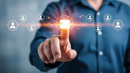 A person interacting with a futuristic interface with glowing connections and icons