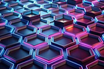 Vibrant neon hexagonal pattern with glowing blue and pink lights