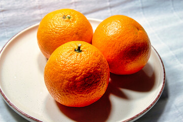 Three oranges are on a white plate