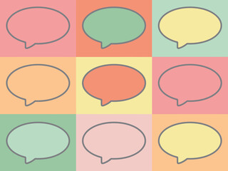 A grid of nine empty speech bubbles on a pastel-colored background represents communication and ideas.