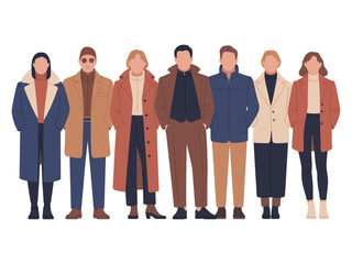 A diverse group of people stands together, showcasing stylish winter outerwear and fashion.