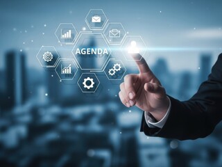 Businessman interacting with virtual interface agenda on finger with cityscape background