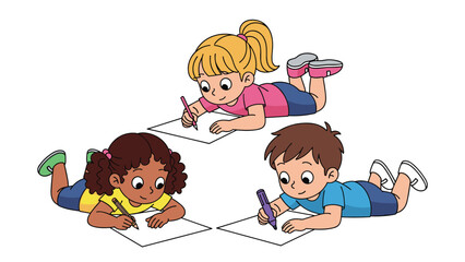 Set of Diverse Cartoon Children Lying on Floor and Drawing on Paper, Happy Kids Writing and Sketching for Education Concept, Preschool Creative Art Illustration