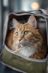 Ginger cat sitting inside a green soft sided pet carrier bag looking out with curious eyes