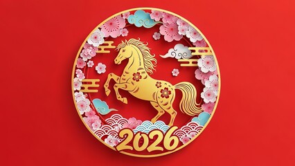 Obraz premium Gold Paper Cut Horse in Floral Circle 2026