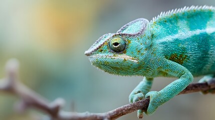 Obraz premium Brilliant turquoise reptile grips a slender brown branch in a close up view