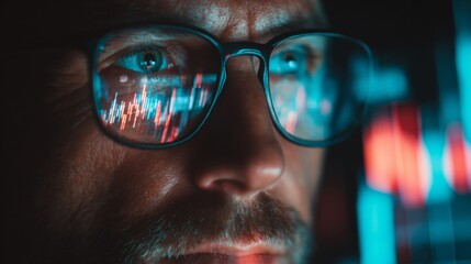 Stock Market Reflection Focused Trader Eyeing Candlestick Charts.