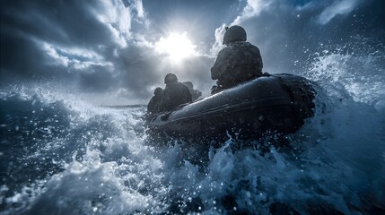 Naklejka premium Military personnel navigate turbulent ocean waves in an inflatable boat under bright sunlight piercing stormy clouds