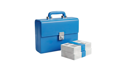 Blue Briefcase and Stack of Documents on White Background
