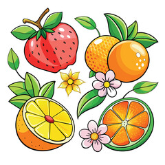Colorful of strawberry orange lemon slices and flowers with green leaves fruit