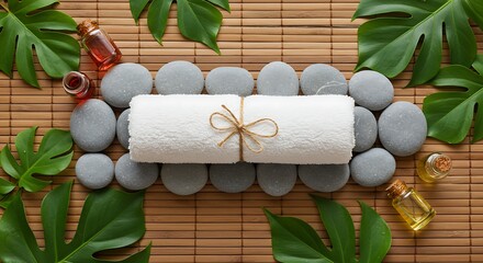 Top-Down Layout of Spa Stones, Towel, Essential Oils on Bamboo Mat with Leaves
