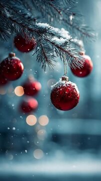 Rote Weihnachtskugeln in stiller Winternacht