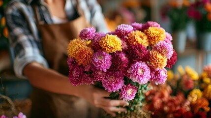 Florist creating bright autumn bouquet Cozy floral shop scene.
