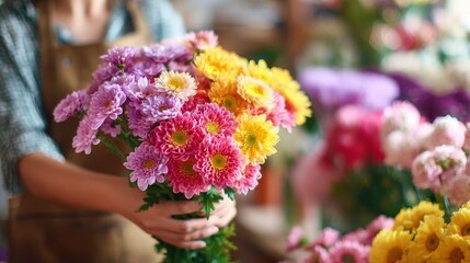 Floral Delight Florist Arranging Colorful Chrysanthemum Bouquet.