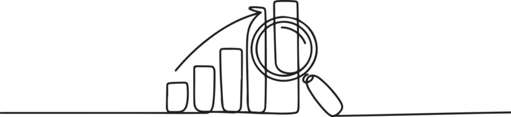 Continuous line magnifying glass and bar graph business. looking icon, fast growing business. one line Icon drawing