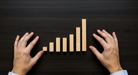 Top-Down of Hands Building Bar Chart with Wooden Blocks on Dark Table, Analytics