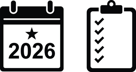 2026 calendar and checklist icons showing planning goals task completion productivity scheduling organization vector illustration business management