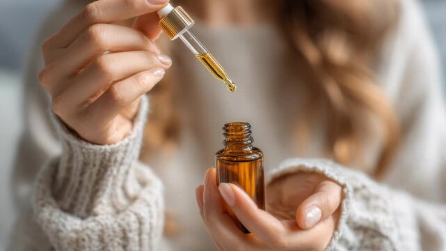 Female hands holding bottle of vitamin serum and pipette. Young woman applying essential oil. Girl holding dropper vial skin care product. Female applies oily pipette. Facial care cosmetics. Health.