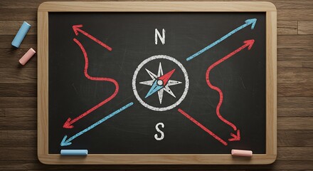 Top-Down of Compass and Map Lines on Chalkboard Over Wood, Leadership Navigation