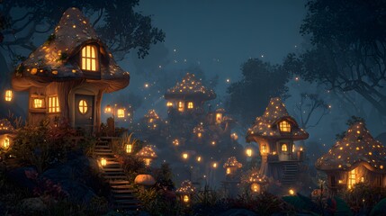Illuminated dwellings resembling fungi cluster within a dark, enchanting woodland setting