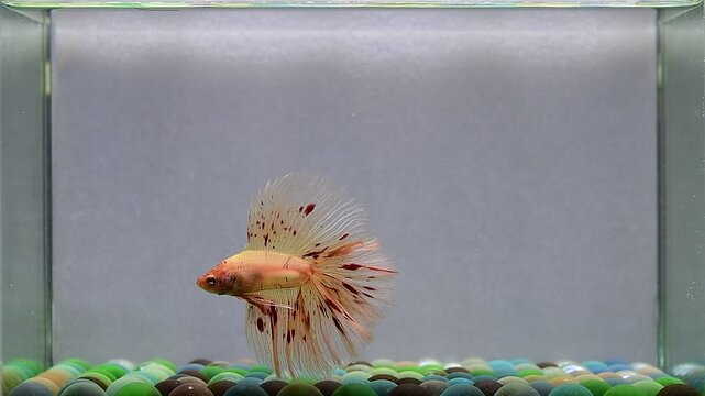 Betta fish fancy orange vanda halfmoon long tails from Thailand, Siamese fighting fish on isolated Grey background.
