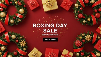 Festive boxing day sale advertisement with christmas wreaths and gift boxes