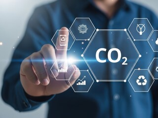 Man interacting with futuristic co2 graphic interface for environmental concepts