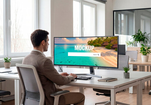 Ultrawide monitor mockup in office