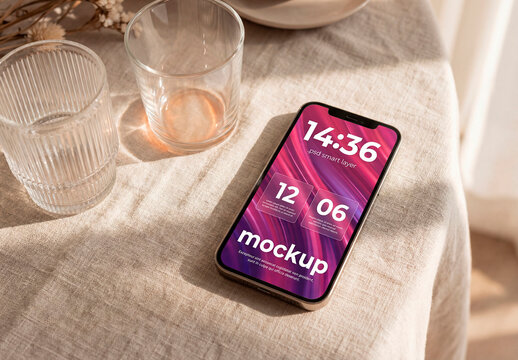 Smartphone mockup on fabric table