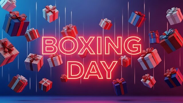 Neon boxing day sale promotion with floating red and blue gift boxes background - Powered by Adobe