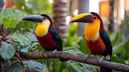 Fototapeta premium Two vibrantly colored tropical birds with large bills perch on a natural wooden branch surrounded by foliage